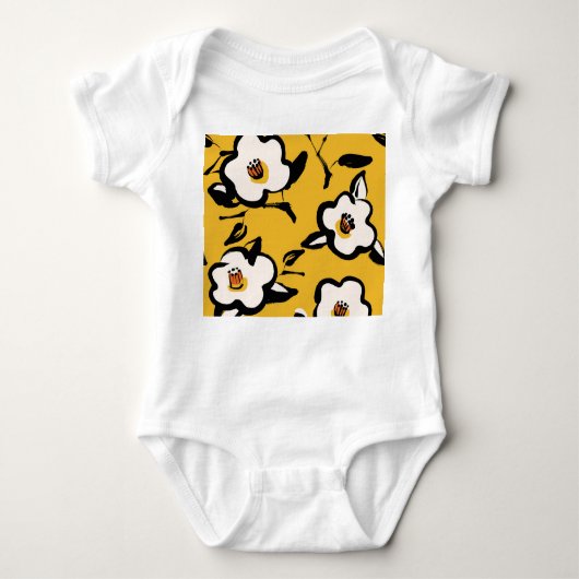黄色の椿、スケッチーフローラヴィンテージ。 ベビーボディスーツ (正面)