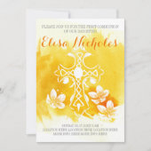 黄色の水の色のクロスフローラ最初の聖餐式 招待状 (正面)