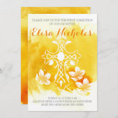 黄色の水の色のクロスフローラ最初の聖餐式 招待状 (正面/裏面)