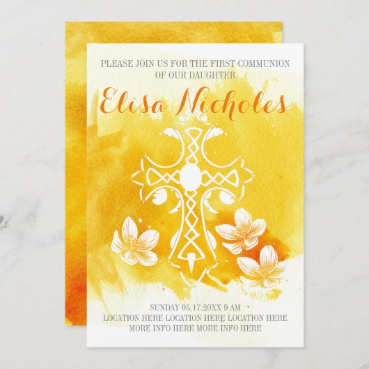 黄色の水の色のクロスフローラ最初の聖餐式 招待状 (正面/裏面)