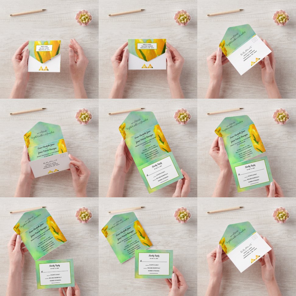 黄色の水の色のチューリップすべて1つの結婚式の招待 オールインワン招待状