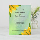 黄色の水の色チューリップ緑の結婚背景 招待状 (スタンド正面)