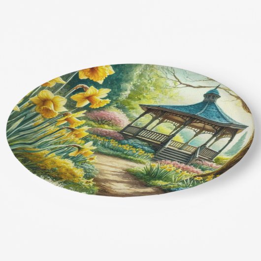 黄色の水仙と物見台の紙皿 ペーパープレート (アングル)