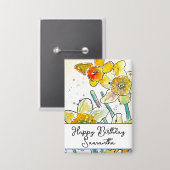 黄色の水仙の花の水色誕生日バッジ 缶バッジ (正面/裏面)