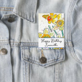 黄色の水仙の花の水色誕生日バッジ 缶バッジ (インサイチュ)