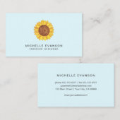 黄色の水彩ひまわりロゴ付きアクアブルー 名刺 (正面/裏面)