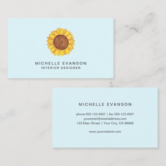 黄色の水彩ひまわりロゴ付きアクアブルー 名刺 (正面/裏面)