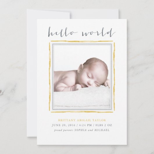 黄色の水彩フレームベビー誕生発表 案内状 (正面)
