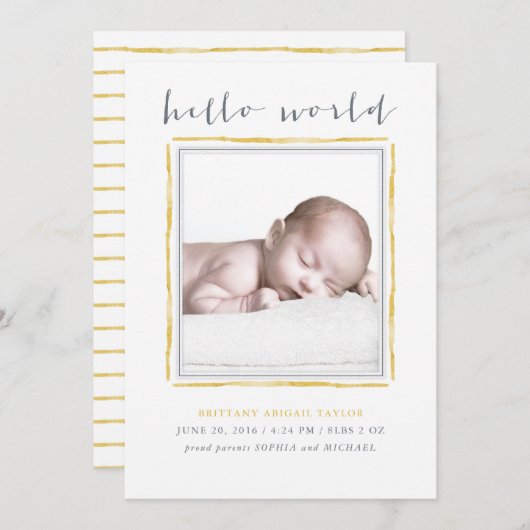 黄色の水彩フレームベビー誕生発表 案内状 (正面/裏面)