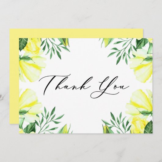 黄色の水彩ローズとピオニー サンキューカード (正面/裏面)