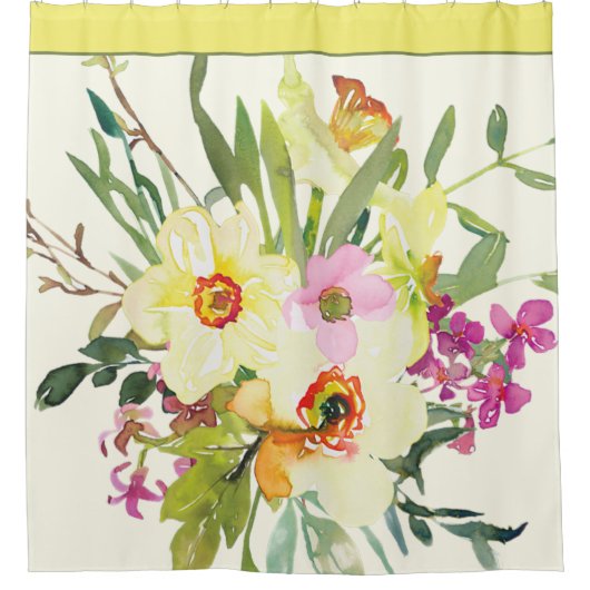 黄色の水彩画の水仙 シャワーカーテン (正面)