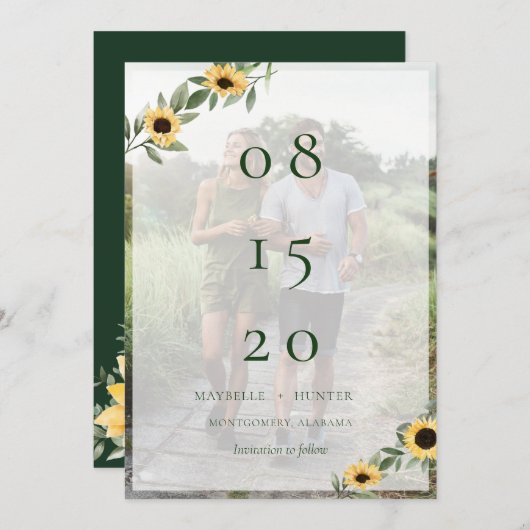 黄色の水彩画ひまわりと野の花の写真 セーブザデート (正面/裏面)