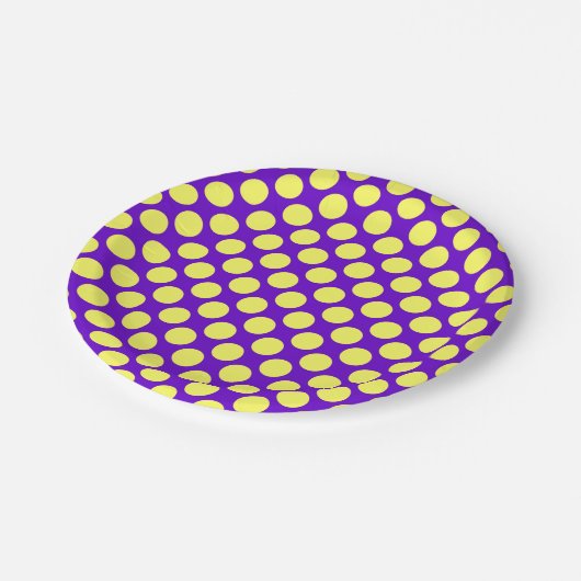 黄色の水玉模様と紫の背景の色 ペーパープレート (アングル)