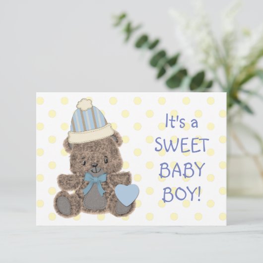 黄色の水玉模様クマ男の赤ちゃん誕生のお知らせ 案内状 (スタンド正面)