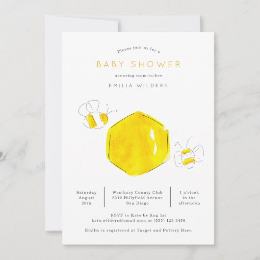 黄色の水色ののまわりにハイブ赤ちゃんシャワー 招待状 (正面)