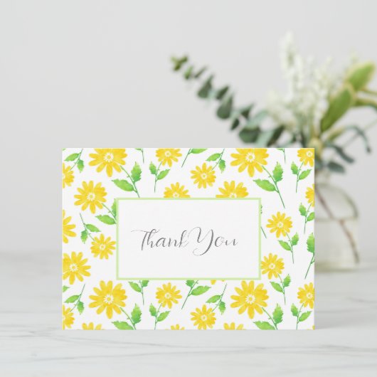 黄色の水色のデイジー茎のパターン サンキューカード (スタンド正面)