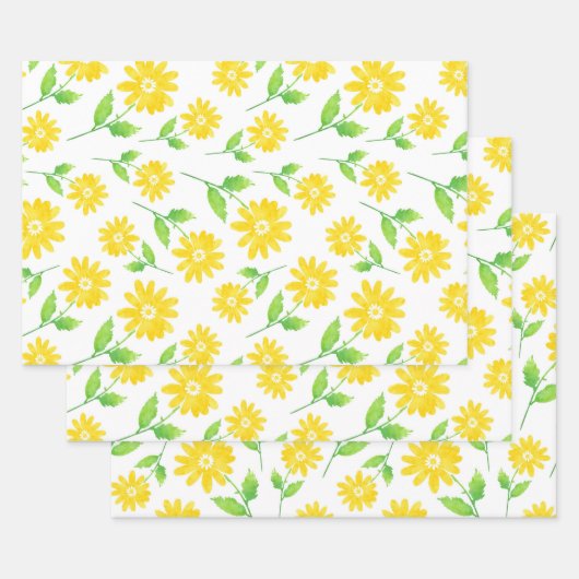 黄色の水色のデイジー茎のパターン ラッピングペーパーシート (セット)