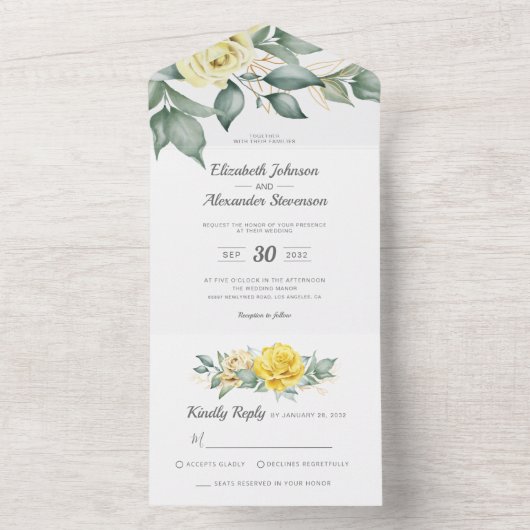 黄色の水色のバラクラシック結婚の緑 オールインワン招待状 (内側)