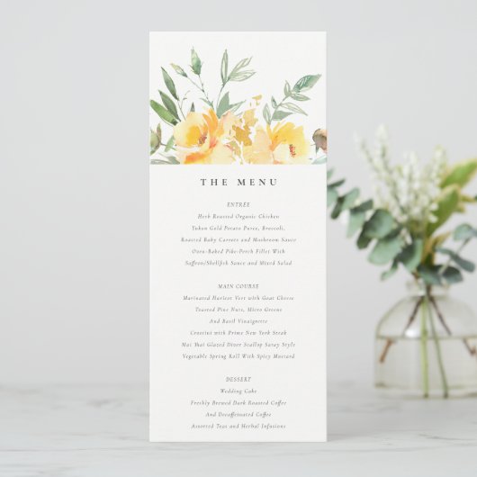 黄色の水色のバラフラワー結婚ズのメニューカード 招待状 (スタンド正面)