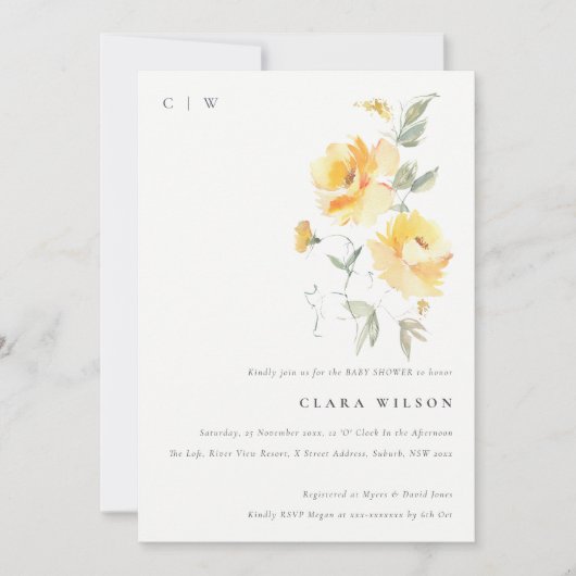 黄色の水色のバラ花束ベビーシャワー 招待状 (正面)