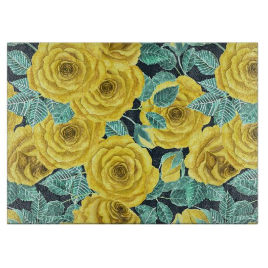 黄色の水色のバラ葉と芽のパターン カッティングボード (正面)