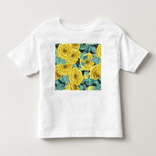 黄色の水色のバラ葉と芽のパターン トドラーTシャツ (正面)