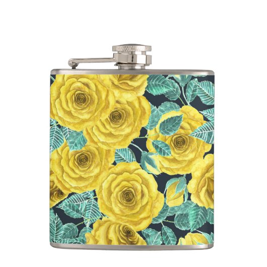 黄色の水色のバラ葉と芽のパターン フラスク (正面)