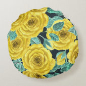 黄色の水色のバラ葉と芽のパターン ラウンドクッション (裏面)