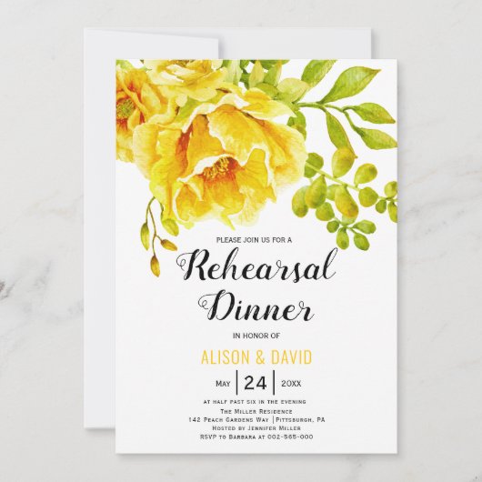 黄色の水色のフローラ結婚のリハーサルディナー 招待状 (正面)