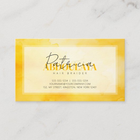 黄色の水色のヘアブレイディングスクリプトタイポグラフィ 名刺 (正面)