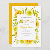 黄色の水色の花の中性フローラバプテスマ 招待状 (正面/裏面)