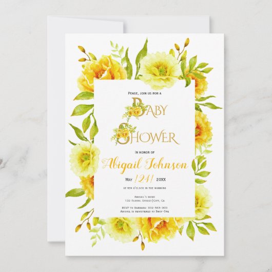 黄色の水色の花の中性ベビーシャワー 招待状 (正面)