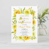 黄色の水色の花の洗礼と誕生日 招待状 (スタンド正面)