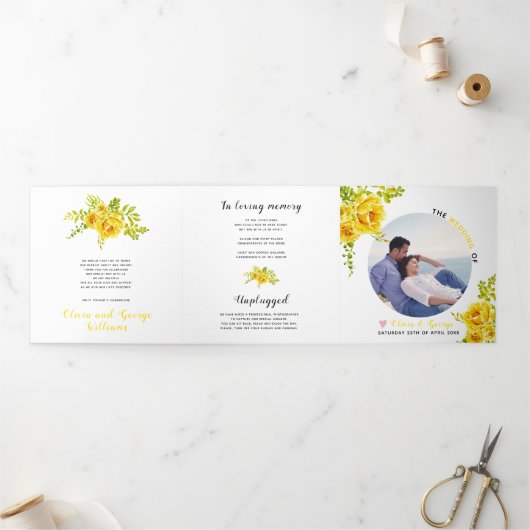 黄色の水色の花の緑葉の花、写真 三つ折りプログラム (外部)