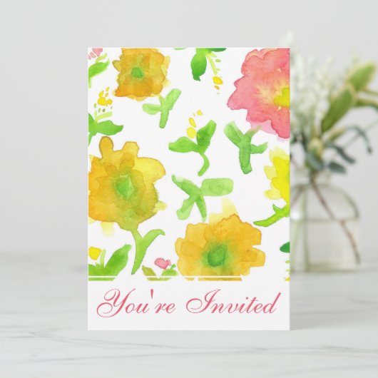 黄色の水色の花の誕生日パーティー 招待状 (スタンド正面)