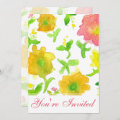黄色の水色の花の誕生日パーティー 招待状 (正面/裏面)