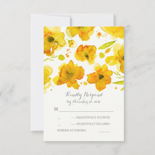 黄色の水色の花ロマンチックな結婚式RSVP 出欠カード (正面)