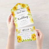 黄色の水色の花、フローラ結婚枠 オールインワン招待状 (貼ってはがせる)