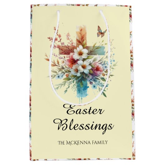 黄色の水色クロスフラワークリスチャンイースター ミディアムペーパーバッグ (正面)