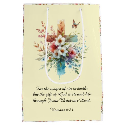 黄色の水色クロスフラワークリスチャンイースター ミディアムペーパーバッグ (裏面)