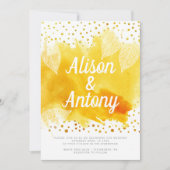 黄色の水色タイポグラフィ金ゴールド結婚紙吹雪 招待状 (正面)