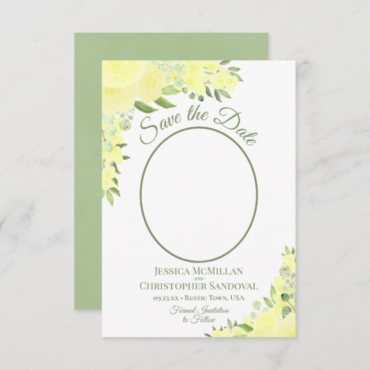 黄色の水色フローラ楕円形結婚写真 セーブザデート (正面/裏面)