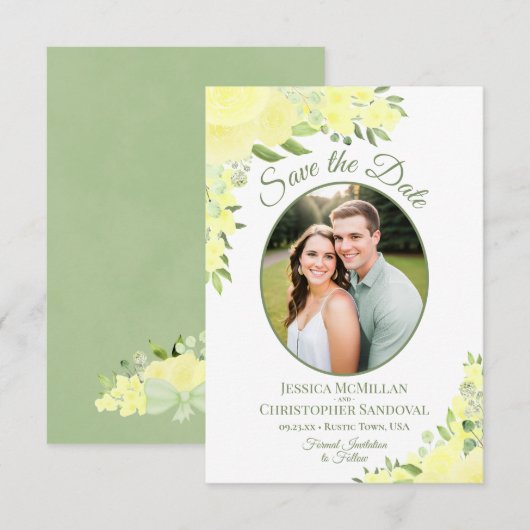 黄色の水色フローラ楕円形結婚写真 セーブザデート (正面/裏面)