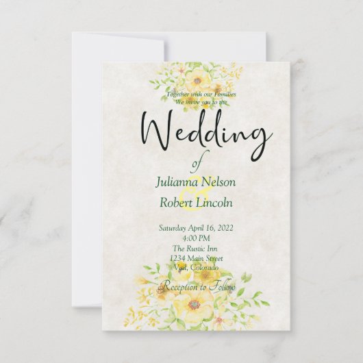 黄色の水色フローラ結婚式招待状 招待状 (正面)