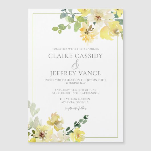 黄色の水色フローラ陽気結婚夏 マグネット招待状 (正面)