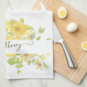 黄色の水色フローラ パーソナライズされた キッチンタオル (四つ折り)