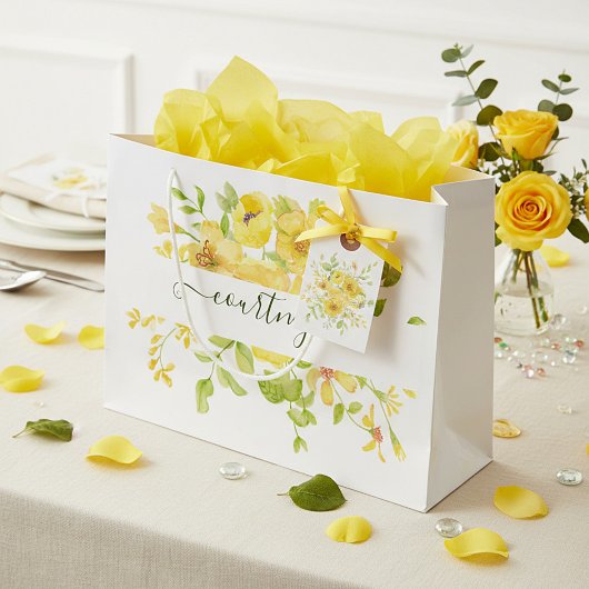 黄色の水色フローラ パーソナライズされた ラージペーパーバッグ