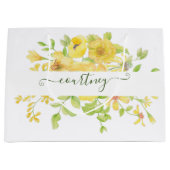 黄色の水色フローラ パーソナライズされた ラージペーパーバッグ (正面)