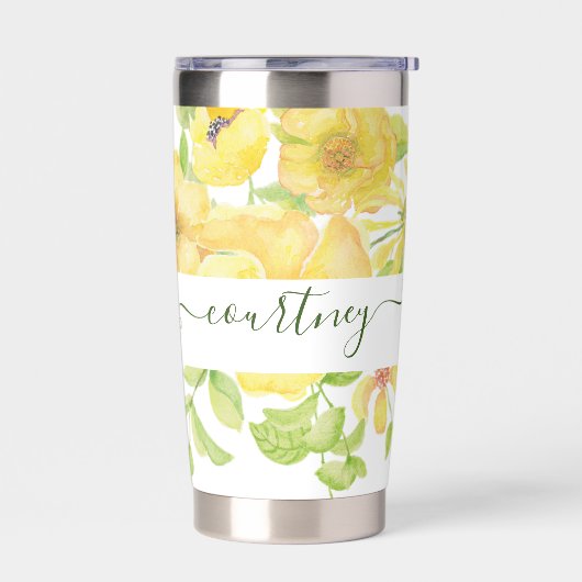 黄色の水色フローラ パーソナライズされた 保温保冷タンブラー (左面)
