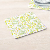 黄色の水色ミモサ花パターン スクエアペーパーコースター (アングル)